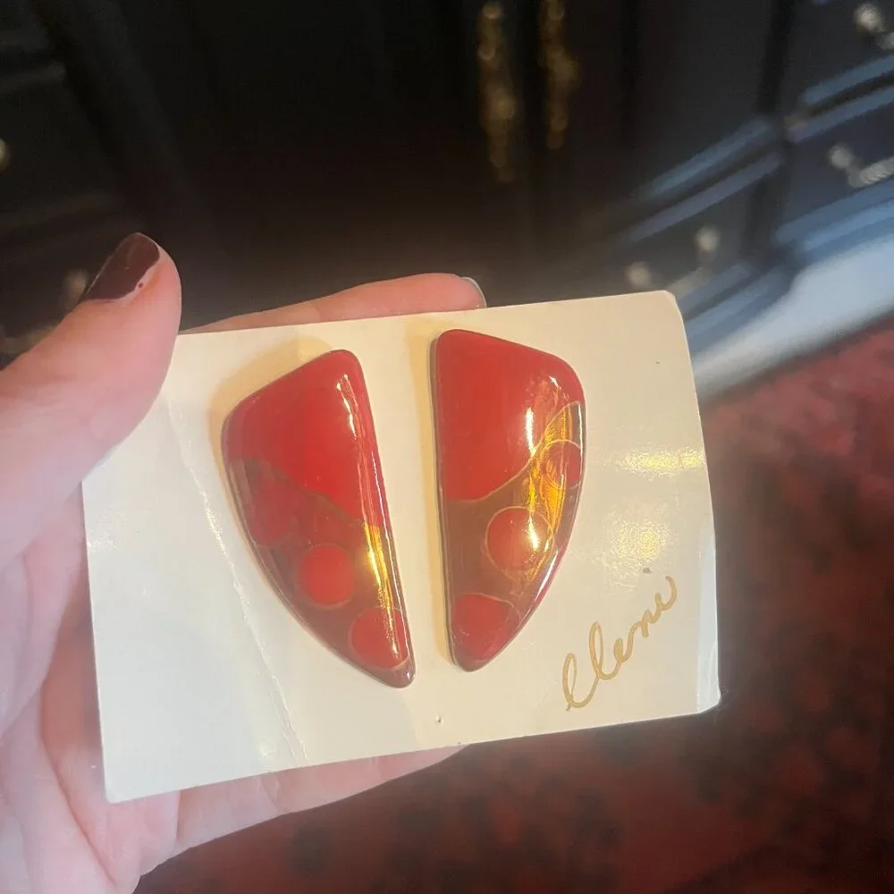 Vintage Hand Painted Enamel Ceramic Red Abstract Earrings and Brooch Set 80s